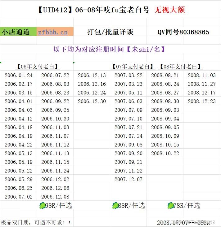 06-08年支付宝zfb老白号 无视大额！